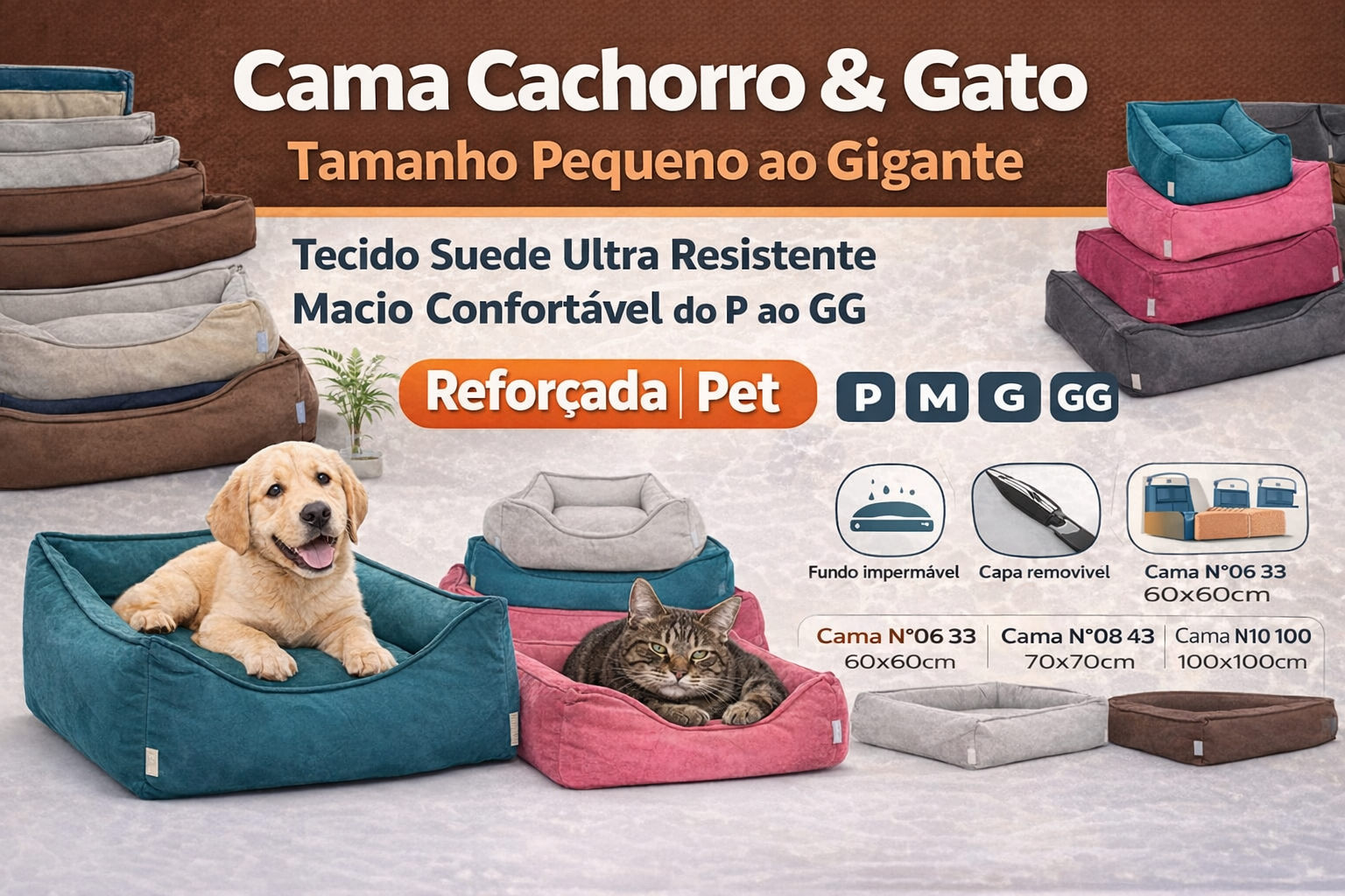 Cama Cachorro & Gato Tamanho Pequeno ao Gigante Tecido Suede Ultra Resistente Macio Confortável do P ao GG Reforçada Pet
